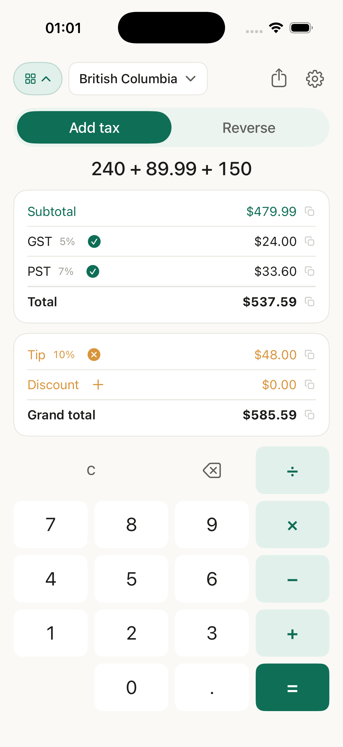 Tax Moose in Add tax mode, showing the keypad and breakdown